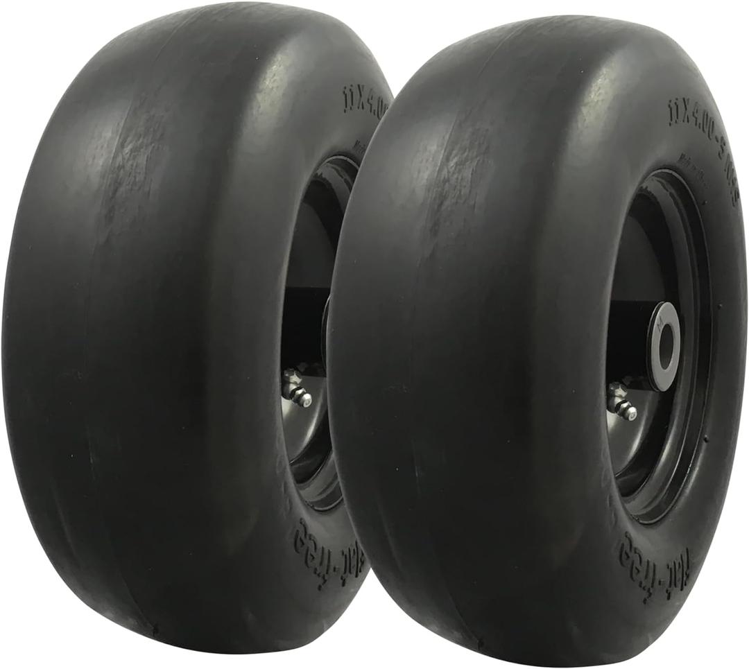 MARASTAR 00232-2PK Universal Fit Flat-Free 11x4.00-5 Tire and Wheel Assembly, Zero Turn Lawn Mower Replacement Tires, Smooth Tread, Adapter Kit included, 2 pack