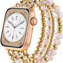 AIRSPO Gold Beaded Bracelets Compatible for Apple Watch Band 38mm 40mm 41mm 42mm 44mm 45mm Women, Fashion Handmade Dressy iPhone Watch Bands Elastic Strap for iWatch Series SE 8 7 6 5 4 3 2 1 (Pink Beads, 38mm/ 40mm/ 41mm-S(5.3"-6.2"))