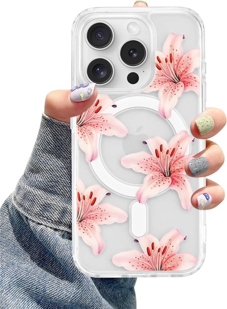 Lily Phone Case for iPhone 16 Pro, Compatible with MagSafe, Cute Clear TPU Slim Shockproof Protective Phone Cover for Women Girls, Pink Lily