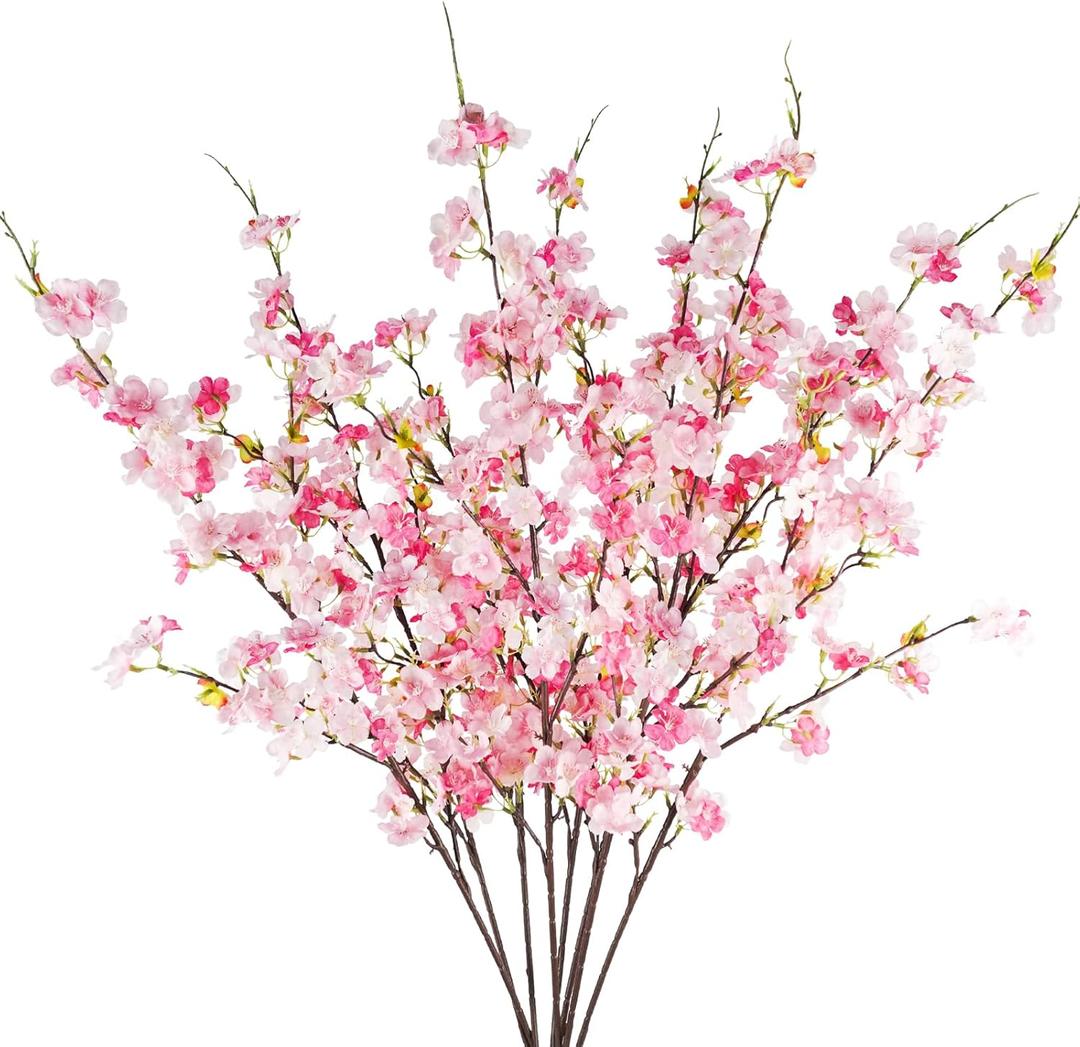 8 Pcs Artificial Cherry Blossom Flowers 40" Faux Silk Cherry Blossom Stems Fake Real Touch Peach Branches for Wedding Home Garden Japanese Decor Pink