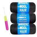 3 Roll Natural Black Brazilian Wool Hair Yarn for Jumbo Braids Braiding Hair for Soft Faux Locs Goddess Locs Hair Extension Senegalese Twist Crochet Hair for Black Women (1B,3Roll)