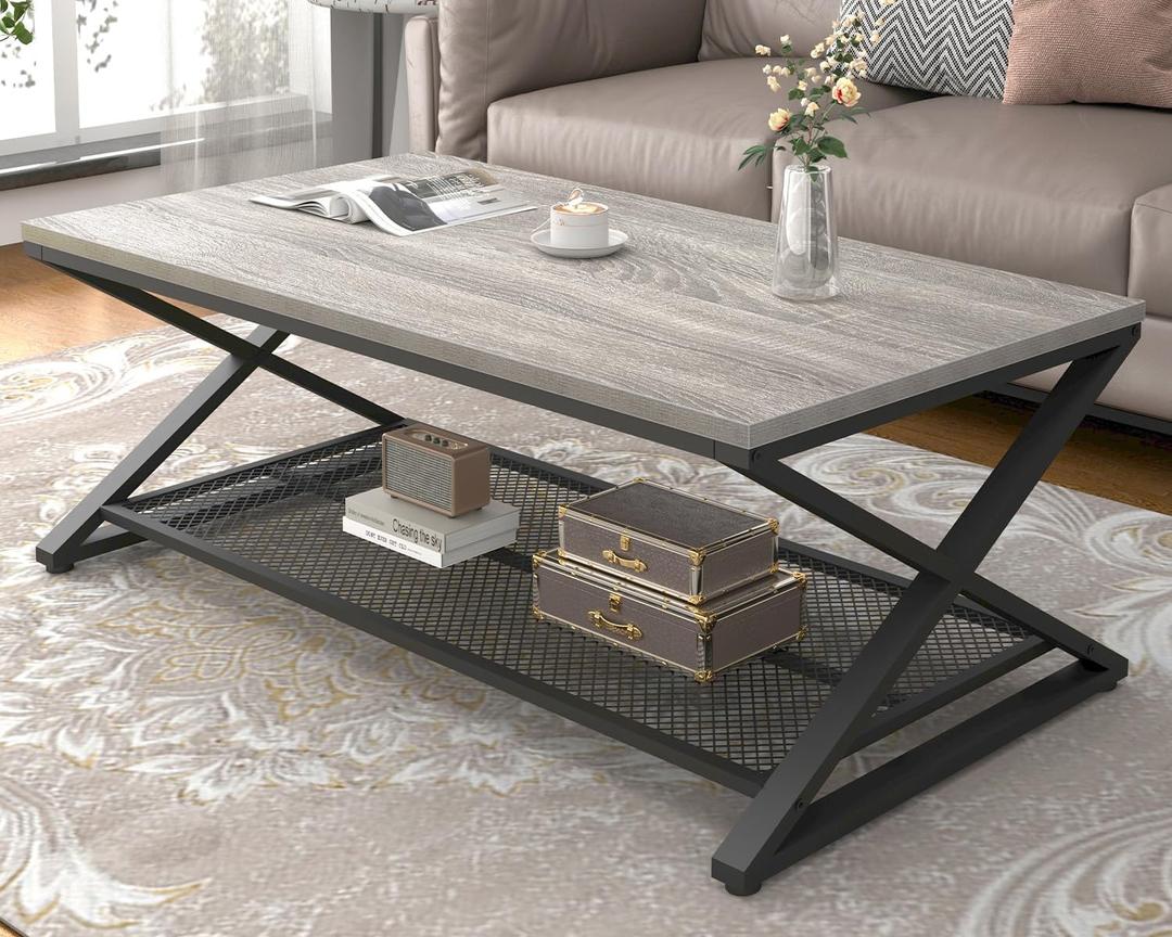 LVB Gray Coffee Table, Farmhouse Wood Metal Center Table with Storage for Living Room, Industrial Wooden 2 Tier Rectangle Cocktail Tea Table with Mesh Shelf for Office Bedroom, 47 inch, Light Grey Oak