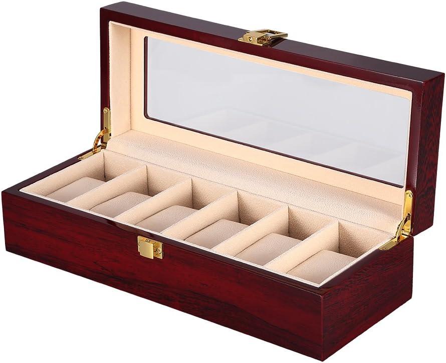Uten Watch Box, 6 Slot Watch Case, Watch Holder with Glass Lid, Wooden Watch Case with Removable Watch Pillow, Metal Clasp Watch Display., Brown,Peach,Clear (Cherry Red)