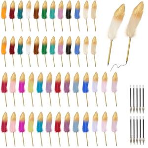 TANEMUDO 50 Pcs Feather Quill Ballpoint Pens Bulk 0.7 mm Feathered Pens Refined Plated Rod Pen Multicolor Ballpoint Pens Vintage Feather Pens for Home School office Birthday Christmas Party Supplies