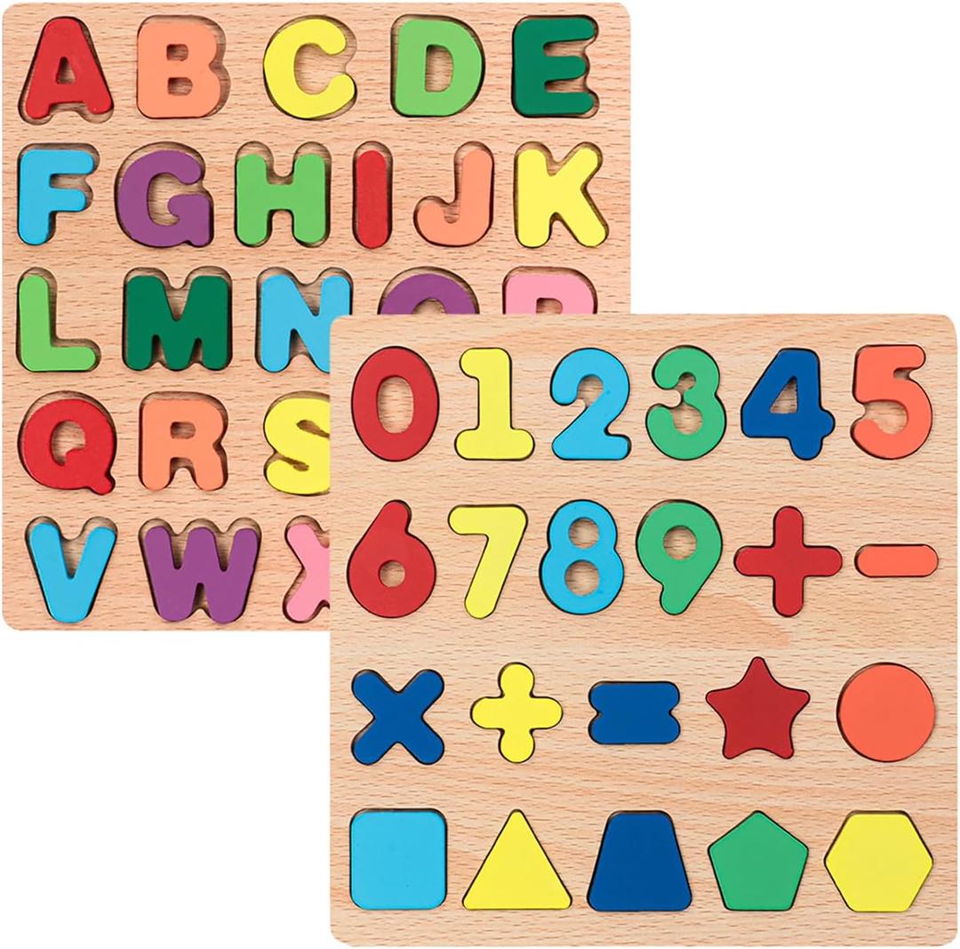 Wooden Puzzles for Toddlers, 2pack Alphabet Shape Puzzles for Kids Wooden Montessori Toddler Alphabet Number Shape for Kids 3 Years Old Boys & Girls