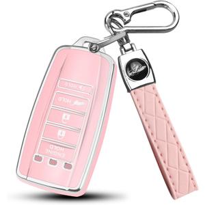 FT FUNTOR 5 buttons Key Fob Cover with Leather Keychain for Acura, Premium TPU Case for ILX MDX RDX RLX TLX (B-Pink)