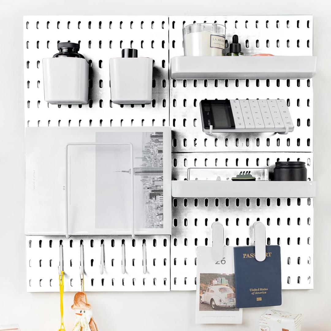 Pegboard Combination Kit for Wall Organizer, Wall Mounted Peg Board Kits for Kitchen, Bedroom, Office, &Bathroom, 4 Pieces White Pegboards and 14 Accessories, 22" x 22"