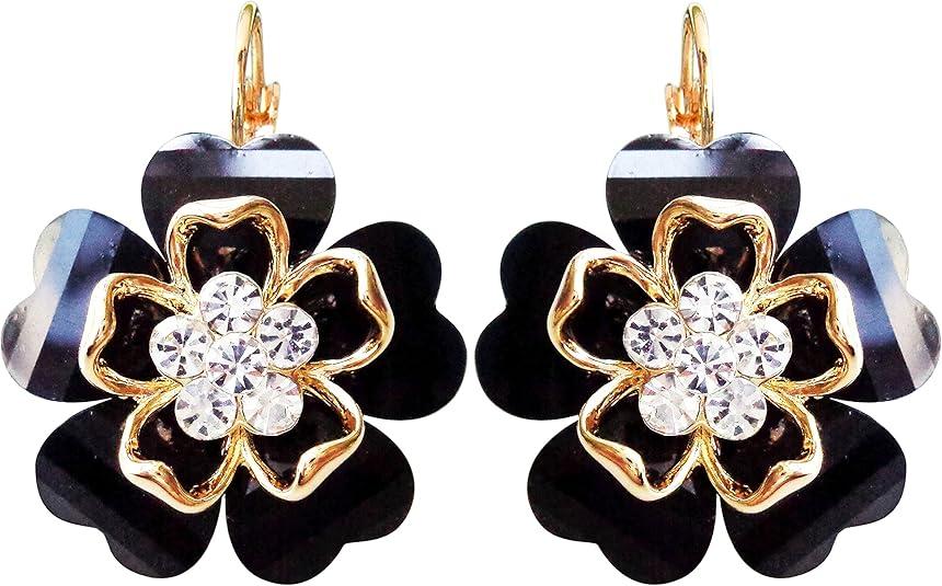 Navachi 18k Gold Plated White Crystal Acetate Blooming Flowers Leverback Earrings