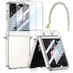 TOPF&B Magnetic Case for Samsung Galaxy Z Flip 7,Compatible with Magsafe,Magnetic Hinge Protection,Anti-Yellowing Cover,Transparent Screen Protector,Clear Case for Z Flip 7 with Strap,Crystal Clear