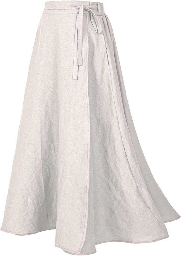Women's Linen Wrap Skirt Casual Maxi Skirt Vintage A line Linen Skirt (White, M)