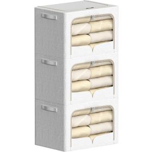 FHSQX 3 Pack Clothes Storage Bins - Foldable Metal Frame Storage Box - Stackable Linen Fabric Container Organizer Set with Carrying Handles and Clear Window (Cream White, 19.7x15.7x13inch(66L))