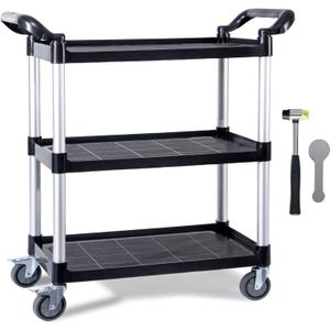 Rolling Utility Carts with Wheels Heavy Duty,3 Tier Rolling Cart with Wheels,510 LBS Food Service Cart with Rubber Mallet and Pad for Restaurant Kitchen Warehouse Office,35.5" x 16.9" x 39.5"(Black)