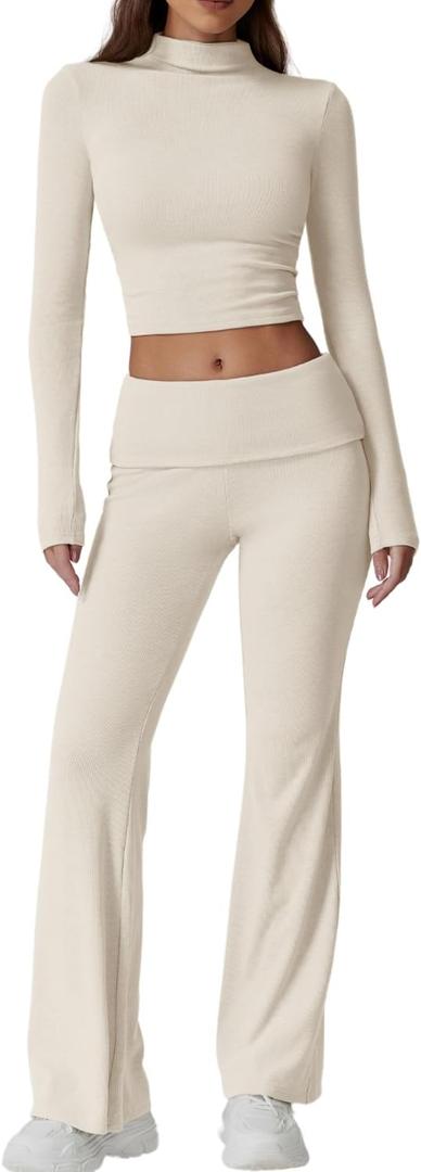 QINSEN Womens 2 Piece Lounge Sets Mock Neck Long Sleeve Tops with Side Ruched Fold Over Flare Pants Comfy Tracksuits (Large, Beige)