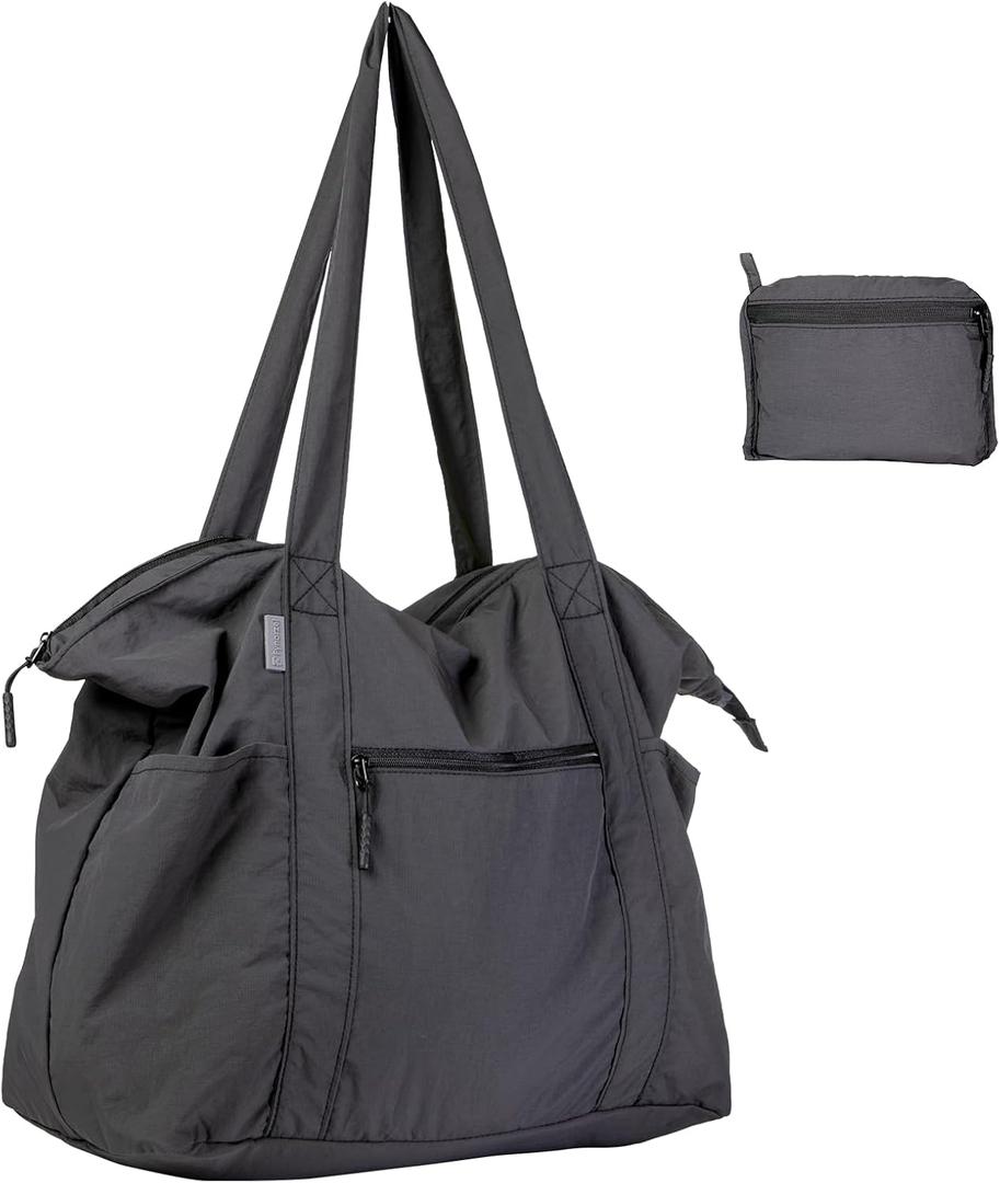 Ultra Light Packable Tote Bag Nylon for Travel, Lightweight Polyester Foldable Totes with Zipper, 25L Collapsible Compact Dark Grey, Gifts for Christmas