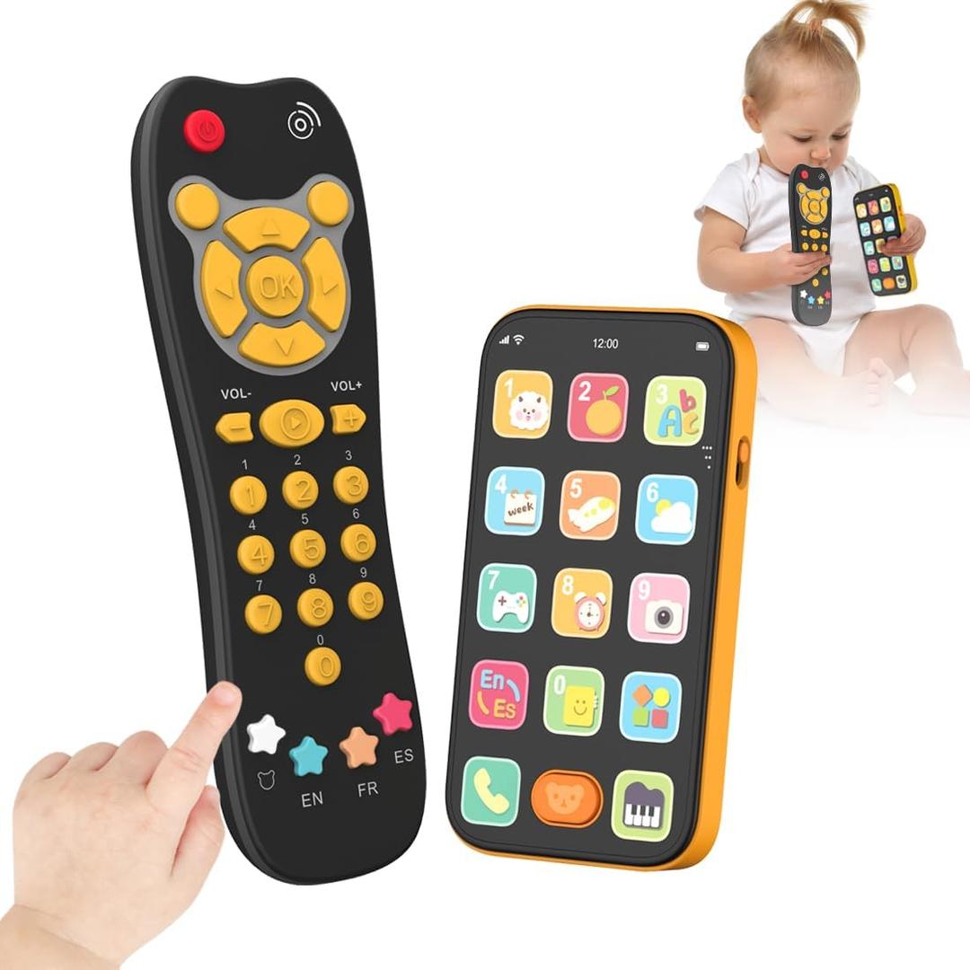 Toy Phone Baby Remote Control Toy Set, Play Phones TV Remote Control with Music Light for 6+ Months, Early Learning Baby Toys Gift for 1 Year Old Boys Girls Toddler Infant Kid, English/Spanish, Orange