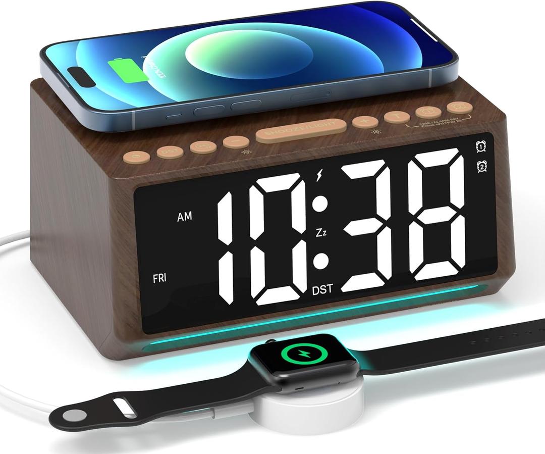 Retro Digital Alarm Clocks for Bedrooms with Large Numbers, Desk Clock with Wireless Charging Station, 7 Mood Lights, Dimmer, Snooze, 12/24H, Loud Alarm Clock for Heavy Sleepers Adults, Vintage Dcor (White)