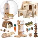 18 Pcs Hamster Cage Accessories, Silent Hamster Wheel, 15 Chew Toys Set, Maze Wood House and Water Bottle Set for Rat Mice Small Animals Habitat (Fun Interactive Style)