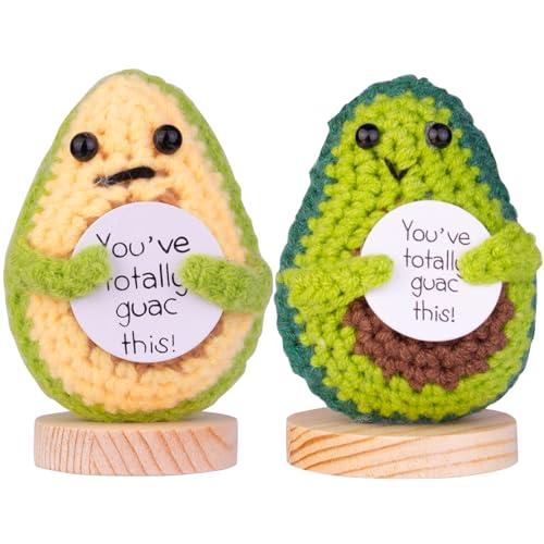 MuMyer Funny Positive Avocado 2 Pack Handmade Emotional Support Knitting Wool Potatoes Doll Gift with Wooden Base for Friends, Parties, Christmas Decoration and Encouragement (C17)