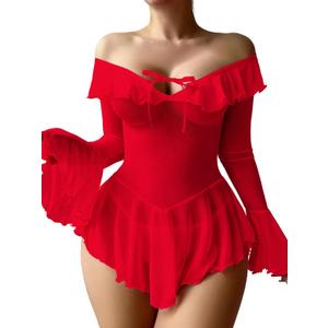 Neohouny Plus Size Lingerie for Curvy Women Babydoll Dress Rave Outfits Sexy Mesh Tops See Through Lingerie Sets Red XXL