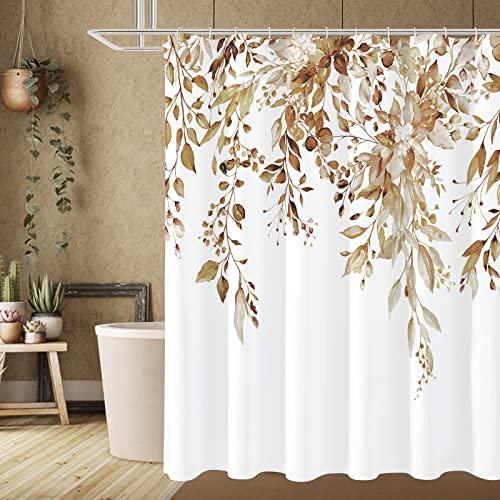 Gibelle Brown Eucalyptus Shower Curtain, Watercolor Plant Leaves with Floral Bathroom Shower Curtain Set, 72x72