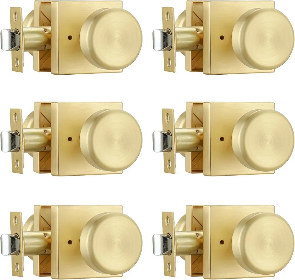 6 Pack Brushed Gold Door Knob with Square Rosette, Heavy Duty Door Knob with Lock, Interior Door Handles for Bath & Bed,