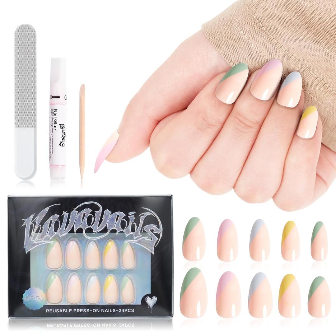 French Tip Press on Nails - Almond Shaped Gentle on Natural Nails for Girls Mini Vacation, Photo Shoot, 24Pcs with Glue and Gel, 12 Sizes, Coloful Nude
