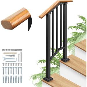 Hand Rails for Outdoor Steps, Metal Wood-Grain 2 Step Handrail, Outdoor Safety Balusters Railing Kit for Seniors & Kids, Anti-Wobble & Rustproof, Fits Concrete, Wood, Porch, Deck