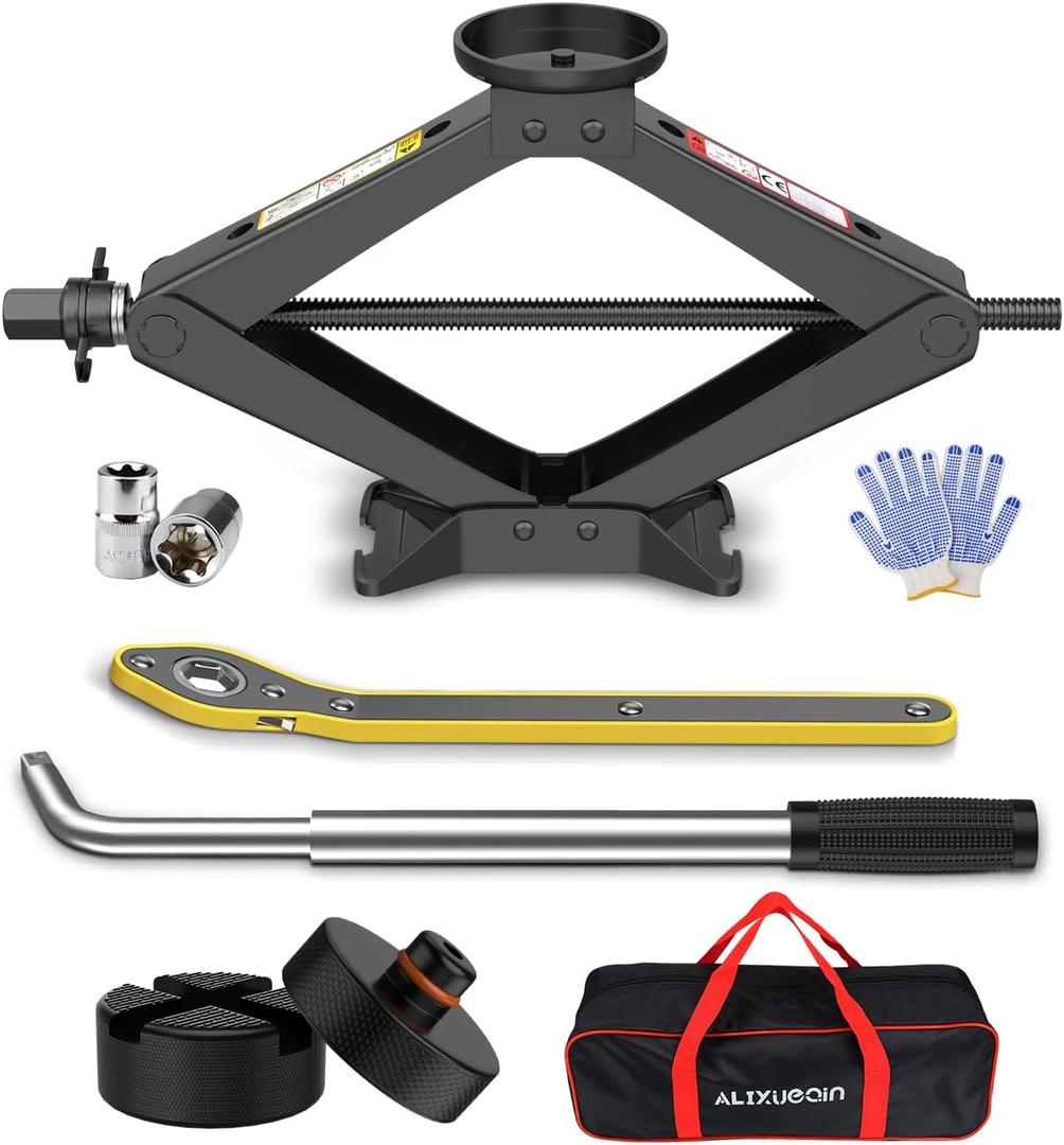 Scissor Jack for Car, 2.5 Ton Car Jack Kit for Tesla Model 3/Y/S/X, 2 in 1 Universal Tire Changing Kit with 2 Jack Pads & 2 Wrenches for Sedan, SUV, MPV (Black)