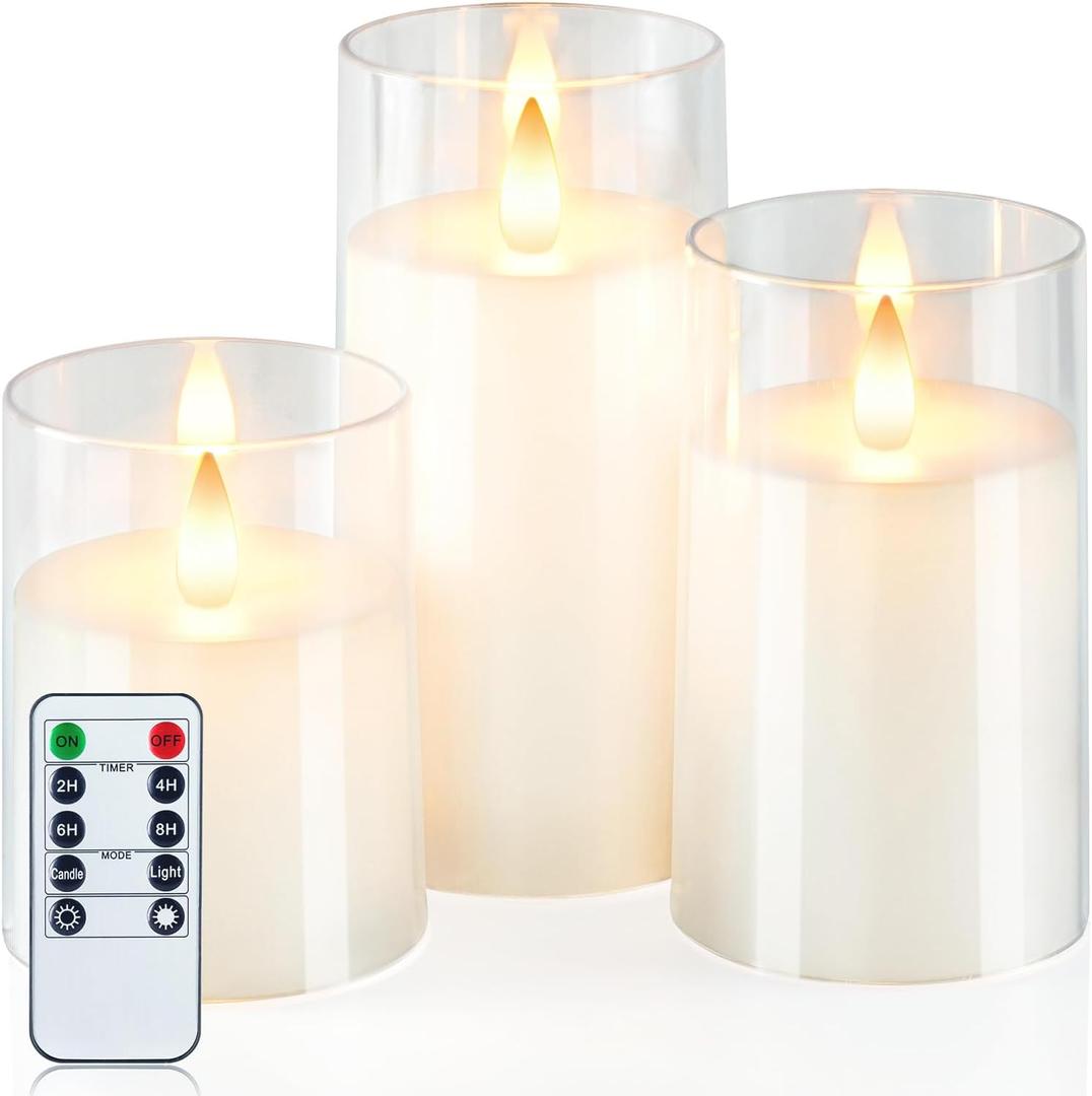 Homemory Realistic Flickering Battery Operated Candles, LED Fake Electric Candle with Remote Control and Timer, Flameless Candles for Home, Christmas Decoration, White, Set of 3 (D3"xH4"5"6")