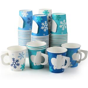 Sliner 100 Pcs Winter Disposable Paper Cups with Handles 9 oz Snowflake Espresso Cups Winter Coffee Mugs Beverage Drink Dinnerware Set for Holiday Party Supplies