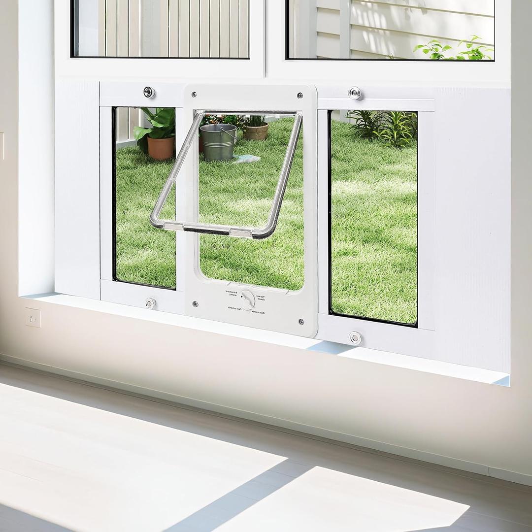 Full-Size Window Pet Door for Cat&Small Dog, Fits 24"-28" Width Windows, Quick-Fit Cat Door Window Insert, 4 Locking Mechanisms, Magnetic Closure Cat Door for Window,Aluminum Frame Pet Door for Window