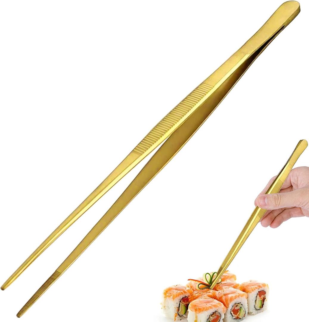 Tongs Tweezers - 12 Inch / 30cm Long Food Tongs Straight Serrated Forceps Cocktail Tweezers Bar Tool Gold (Glod)
