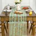 Artoid Mode 3PCS Sage Green Embroidery Daisy Gauze Table Runner 120 Inch 10FT, Seasonal Sheer Dining Holiday Wedding Birthday Table Decor for Home Party