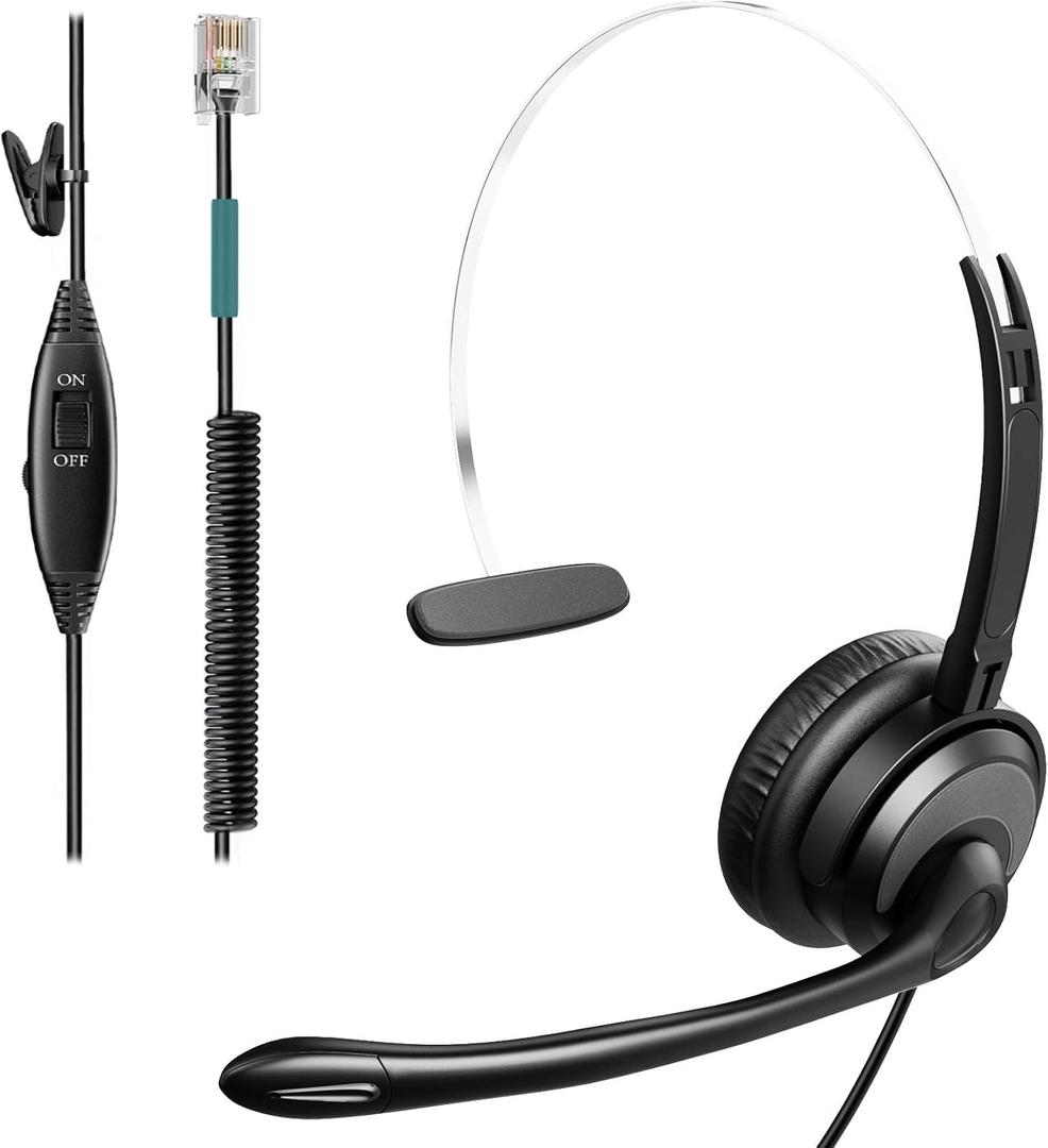 Phone Headsets for Office Phones, Corded Telephone Headset Mono w/Noise Canceling Mic - Headset for Phones Landline Office Compatible with Polycom Plantronics Nortel Toshiba Mitel ShoreTel Deskphones