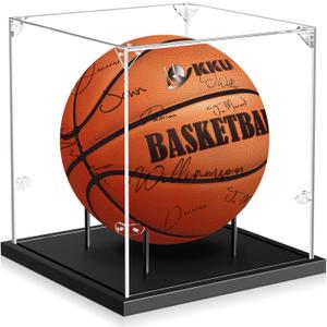 KKU Basketball Display Case, Acrylic Clear Full Size Basketball Case with Solid Wood Base,UV Protected Basketball Display Stand for Autographed Standard NBA WNBA Ball Memorabilia Keepsake, Black (Black Basketball Case)