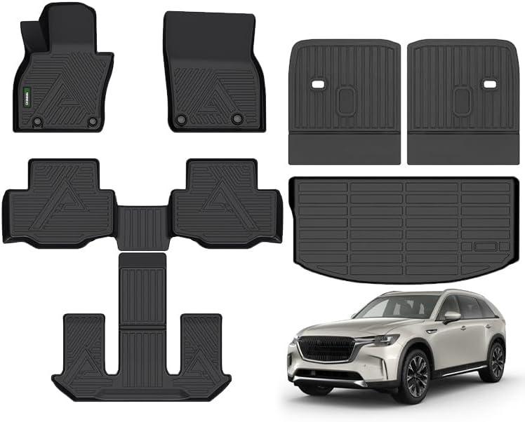 ANBINGO Floor Mats & SeatBack Cargo Liner for Mazda CX90 2024 2025 2026/6 Passenger / 2nd Row with Bucket Seat or Captain Seat / (50/50 Velcro Tape Fixed Backmats) TPE 3 Rows Waterproof Car Mat