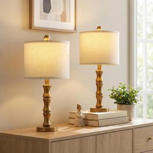 BOBOMOMO 20.5" Vintage Nightstand Lamps Set of 2, Farmhouse Table Lamps with Antique Gold Resin Base & Linen Shade, Small Bedside Lamp for Bedroom, Living Room, Office & Elegant Home Dcor