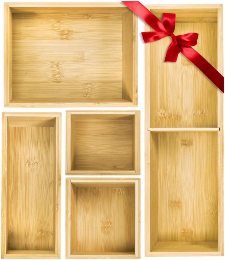 5 Pieces Bamboo Drawer Organizer, Multi-Use Individual Junk Tea Storage Drawer Tray Set with Removable Dividers, Adjustable Cutlery Utensils Holder Bin for Kitchen, Office, Bathroom (17"L x 12"W x 2.5"H)