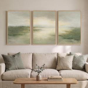 Large Framed Sage Green Abstract Landscape Wall Art, Set of 3 Each 20x30 In, 20" W x 30" H x 3pcs
