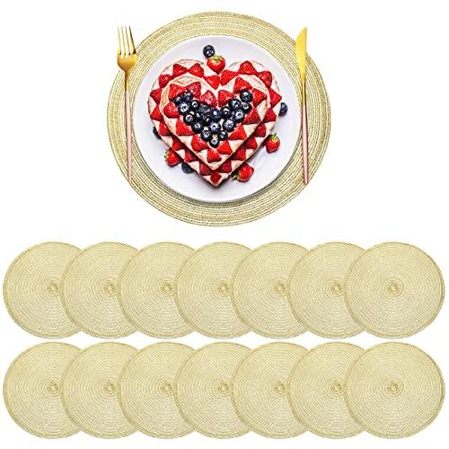 Buryeah 48 Pieces 13 Inch Christmas Round Placemats Circle Woven Place Mats Boho Decor Dining Table Mats Table Scape Hosting Friends for Wedding Birthday Dinner Parties (Gold)