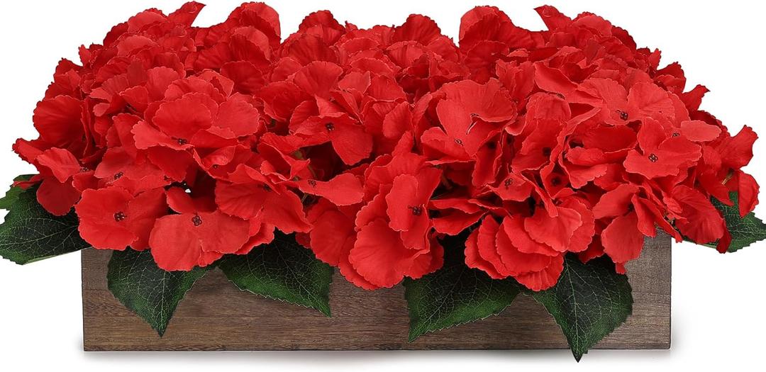Flower Table Centerpiece, Artificial Hydrangea Arrangements Centerpieces Fake Flowers Decor Wood Tray with Faux Flower Wedding Bouquets Room Kitchen Farmhouse Indoor Office Party(Red)