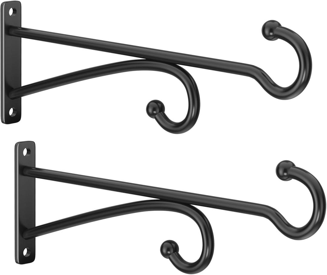 10" Plant Hanger Hook Outdoor Indoor  Planter Hooks for Hanging Plants, Plant Wall Hooks, Brackets for Hanging Plants, Baskets, Wind Chimes, Bird Feeders, Lanterns, Bird Houses (Black, Metal, 2-Pack)