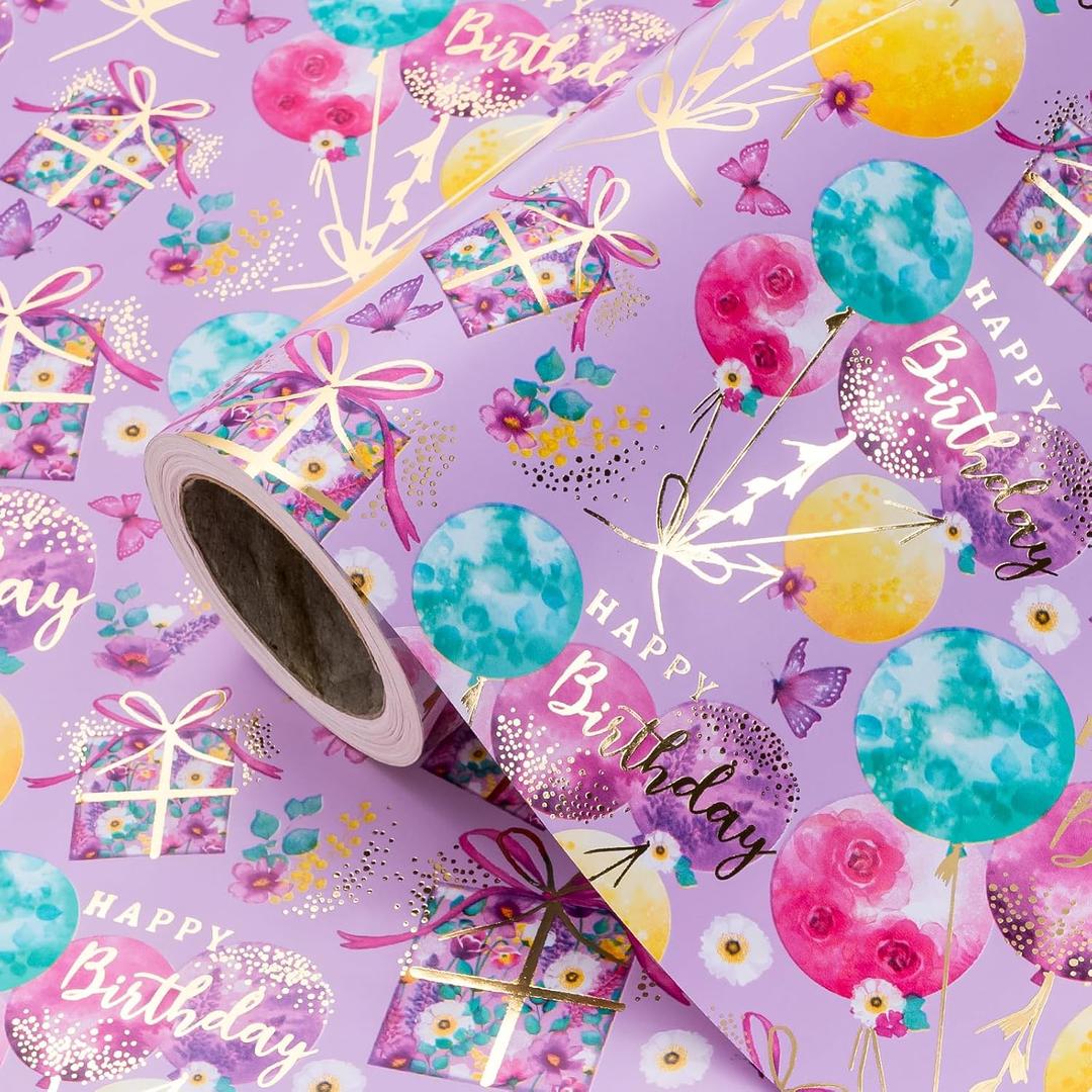 WRAPAHOLIC 30 Inch Purple Birthday Wrapping Paper - 30 Inch x 16.5 Feet - Gold Foil Fantasy Purple Happy Birthday Paper for Women Girls, Wedding, Bridal Shower (Birthday Balloon & Present)