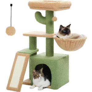 PETEPELA Cactus Cat Tree for Indoor Cats, 32'' Small Cat Tower Cat Condo with Sisal Scratching Ramp, Cozy Hammock and Removable Top Bed Perch for Kittens, Green