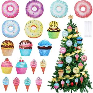 18 Pcs Pastel Candyland Hanging Ornaments Set Wood Donuts Cakes Ice Cream Pastel Macaron Dessert Pendant Decor for Tree Party New Year Wedding Baby Shower Birthday Valentine Decor