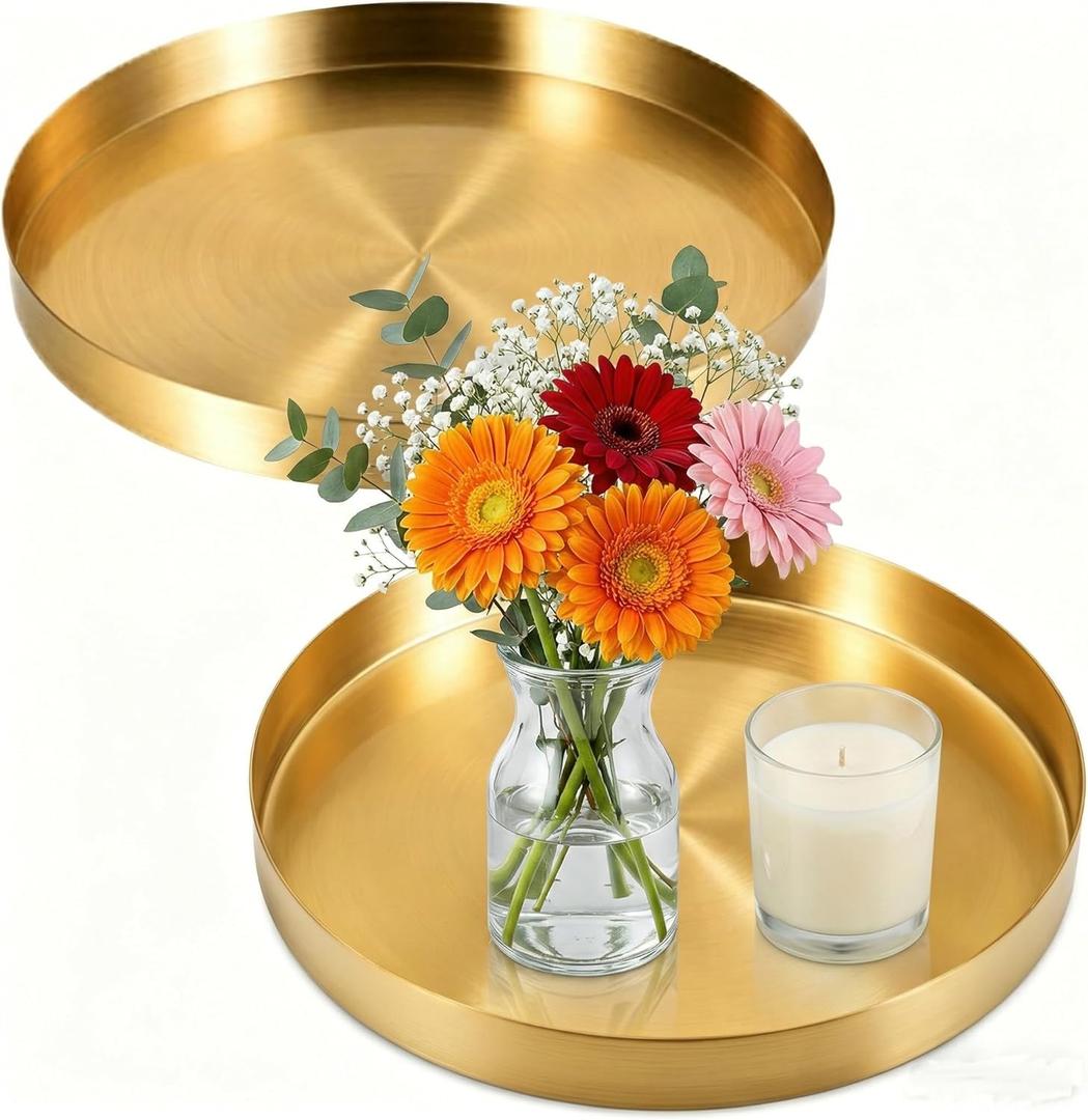 Jucoan 2 Pack 8 Inch Round Gold Tray, Decorative Small Round Vanity Tray, Circle Brass Gold Tray, Bathroom Storage Organizer Tray for Perfume Jewelry Food Coffee Tea Candle