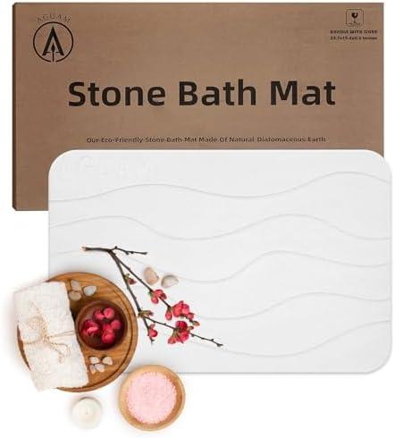 Stone Bath Mat Diatomaceous Earth Shower Non Slip | Quick Drying White Stone Mat for Kitchen & Bathroom | Anti Slip Shower Mat with Super Absorbent Bath Mat | 23.7"x 15.4" (L), Engr-Offwhite