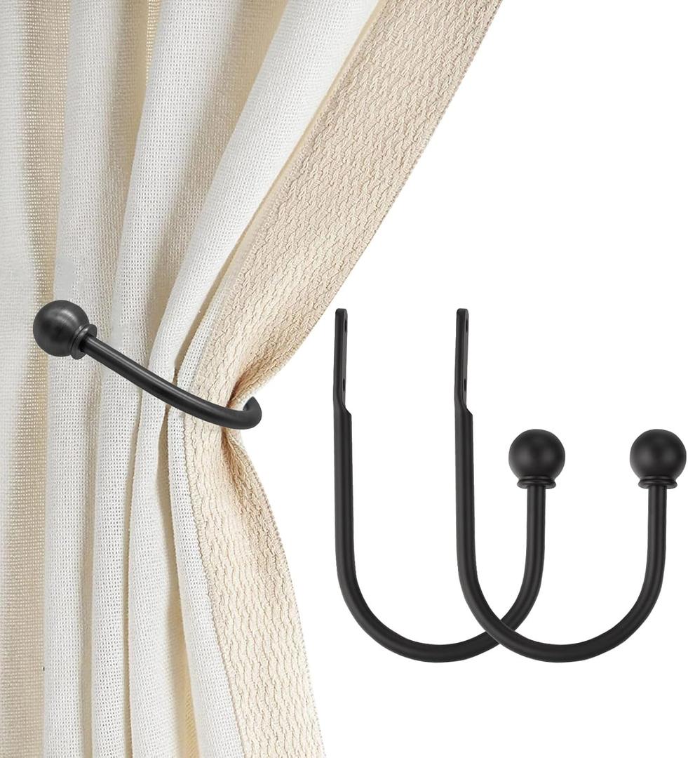 Curtain Holdbacks, Hooks, 2 PCSSolid Steel Hooks, Decorative French Ball End, Curtain Drapery Holdbacks, Wall Mounted, Curtain Tiebacks, Matte Black