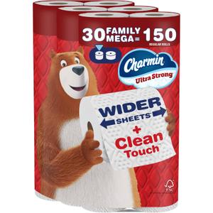 Charmin Ultra Strong Clean Touch Toilet Paper, 30 Family Mega Rolls = 150 Regular Rolls 