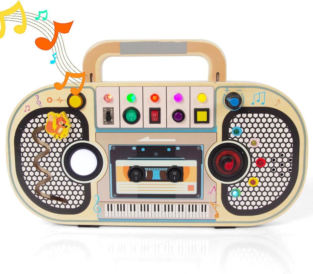 Montessori Radio Toy for Toddlers 3 Years Old Boys Girls, Kids Busy Board with LED Light & Songs Wooden Sensory Board for Fine Motor Skill Travel Toys Gift for Christmas Birthday
